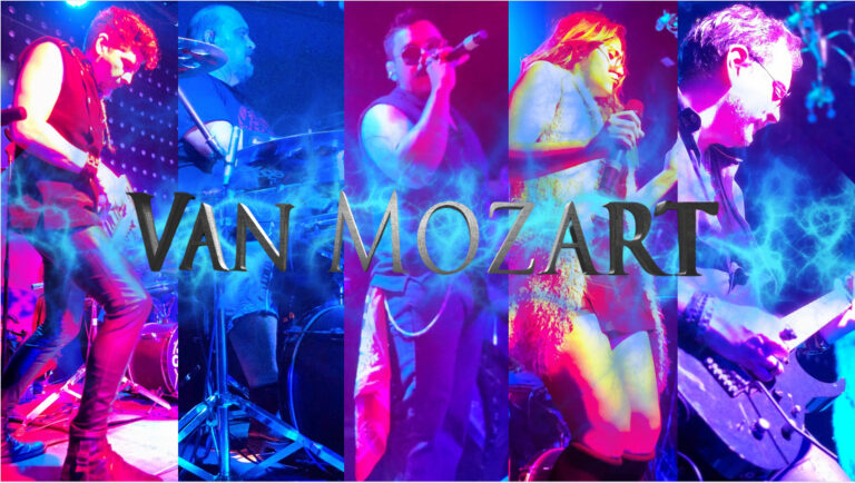 Integrantes de la banda Van Mozart: Paúl Segura, tecladista, líder y manager; Fabricio Córdova, baterista; Carlos Delgado, voz principal (al centro); Nathalia Arteaga, segunda voz; y Humberto Zamora, guitarrista. Foto cortesía Van Mozart