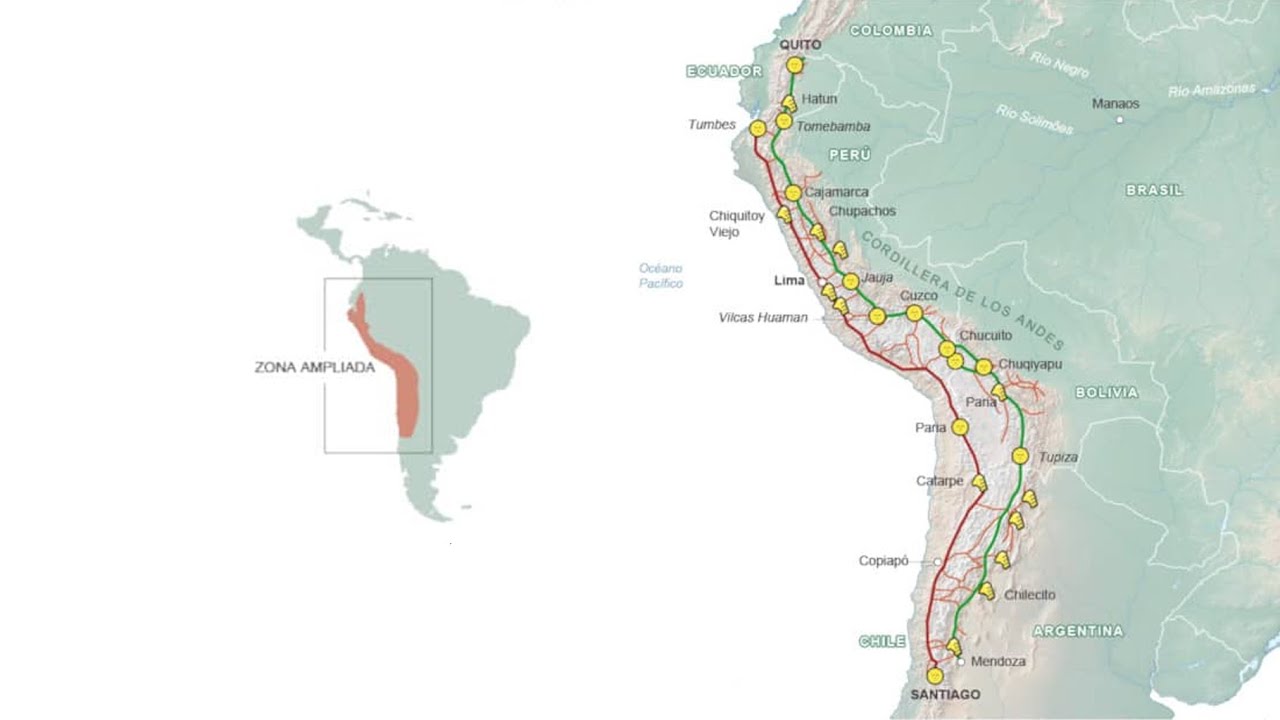 Mapa del Qhapaq Ñan, el Gran Camino Inca, una red vial ancestral de más de 30.000 kilómetros que conecta seis países sudamericanos: Colombia, Ecuador, Perú, Bolivia, Chile y Argentina, y fue declarada Patrimonio Mundial por la UNESCO en 2014.