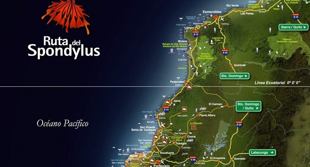 Mapa de la Ruta del Spondylus, un corredor turístico que recorre la costa del Pacífico ecuatoriano desde Esmeraldas hasta Santa Elena y se proyecta hacia el norte del Perú, integrando playas, cultura ancestral, gastronomía y biodiversidad.