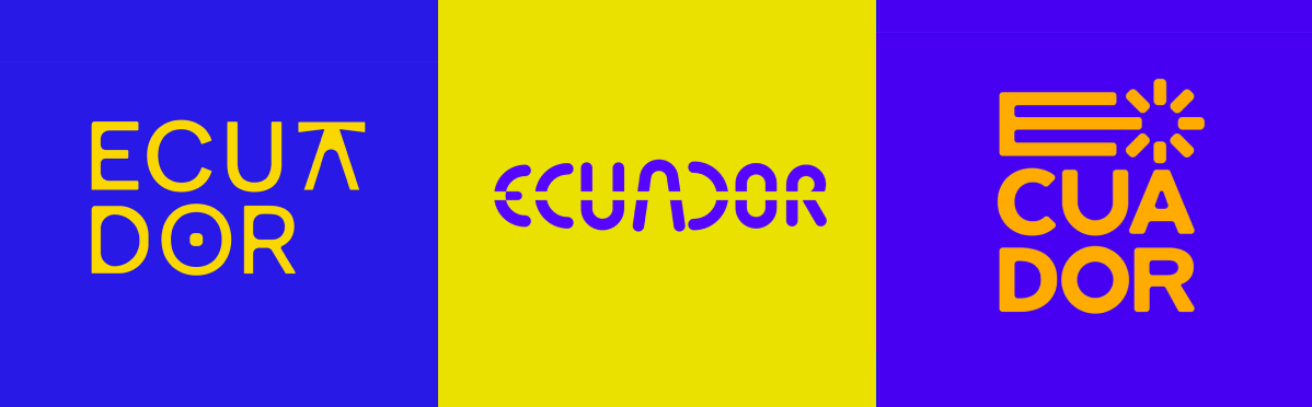 Tres propuestas gráficas presentadas en 2023 para la nueva Marca País de Ecuador, en un proceso de votación ciudadana que generó debate y críticas técnicas.
