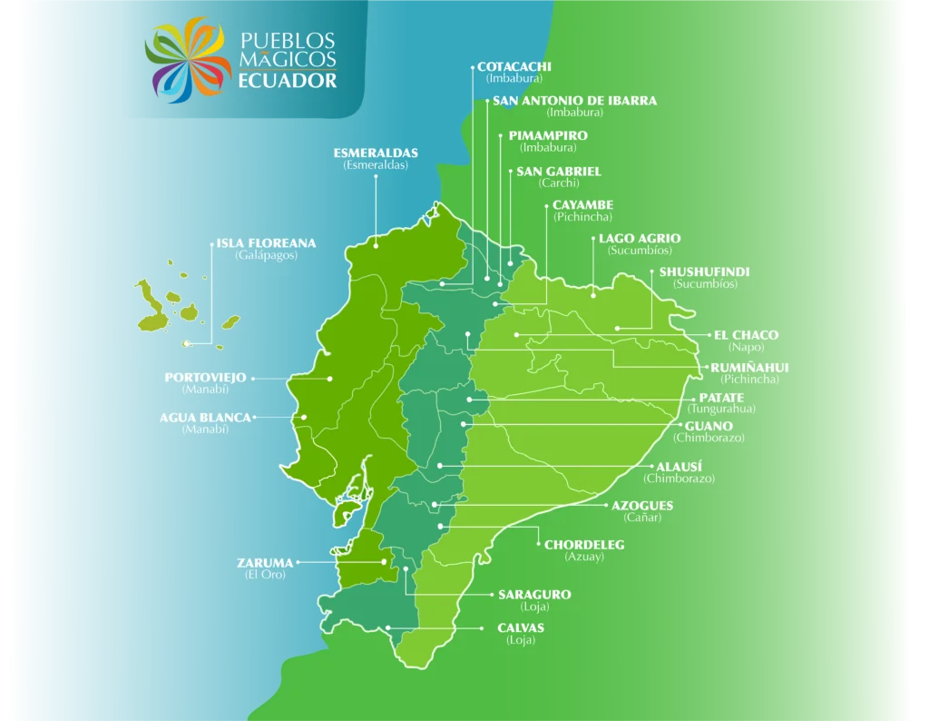 Mapa de los Pueblos Mágicos del Ecuador, con las localidades que al menos presentaron su inscripción para participar en esta propuesta lanzada en 2018, inspirada en el modelo mexicano. Aunque varias recibieron la declaratoria, muchas quedaron sin el acompañamiento técnico ni los recursos necesarios para consolidarse como destinos sostenibles.
