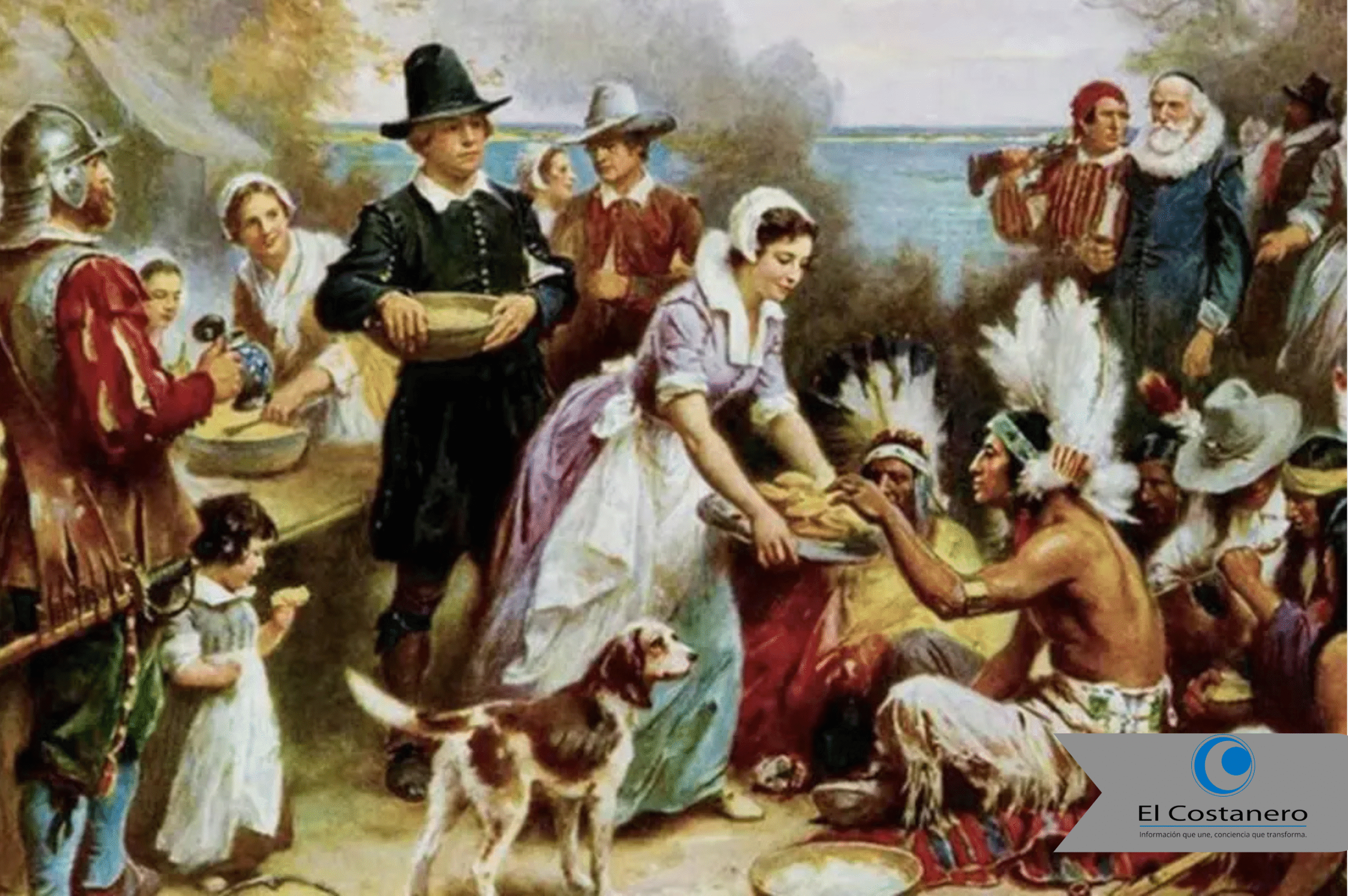 Representación clásica del primer Thanksgiving de 1621, cuando colonos ingleses y miembros del pueblo Wampanoag compartieron una comida tras la primera cosecha. Aunque idealizada, esta escena simboliza el encuentro entre culturas que dio origen a una de las tradiciones más emblemáticas de Estados Unidos.