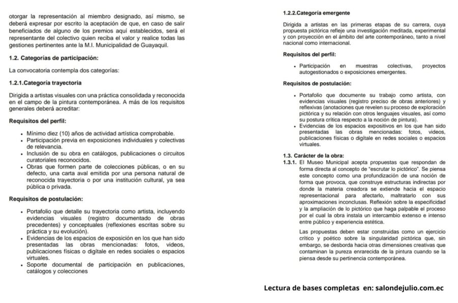 Extracto de las bases del Salón de Julio 2025, donde se introducen las categorías Trayectoria y Emergente, con requisitos diferenciados de perfil y postulación, estructura que no consta expresamente en la Ordenanza de Preseas y Concursos Municipales vigente.