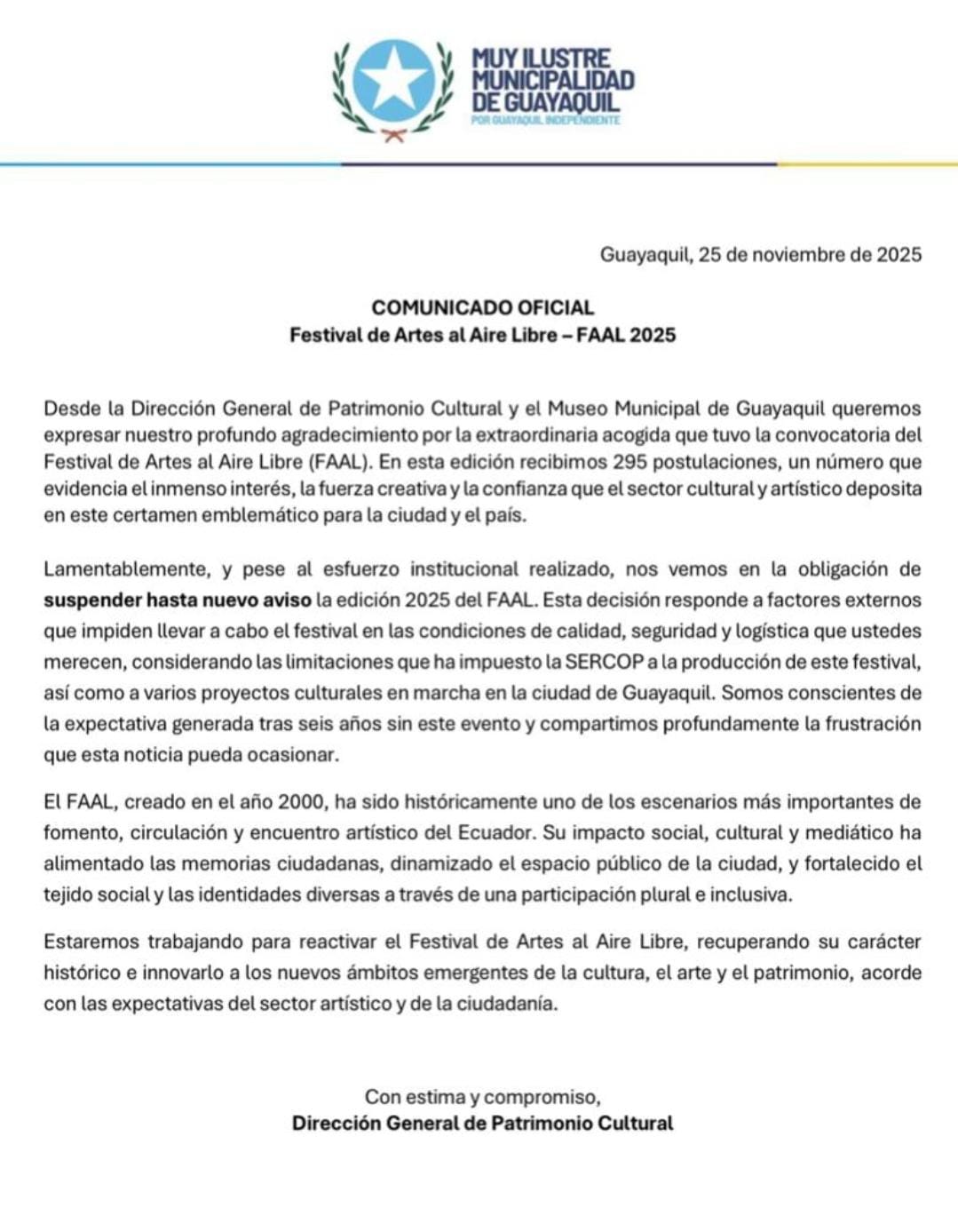 Comunicado oficial del Municipio de Guayaquil que informa la suspensión del Festival de Artes al Aire Libre 2025, tras seis años sin realizarse de manera consecutiva.