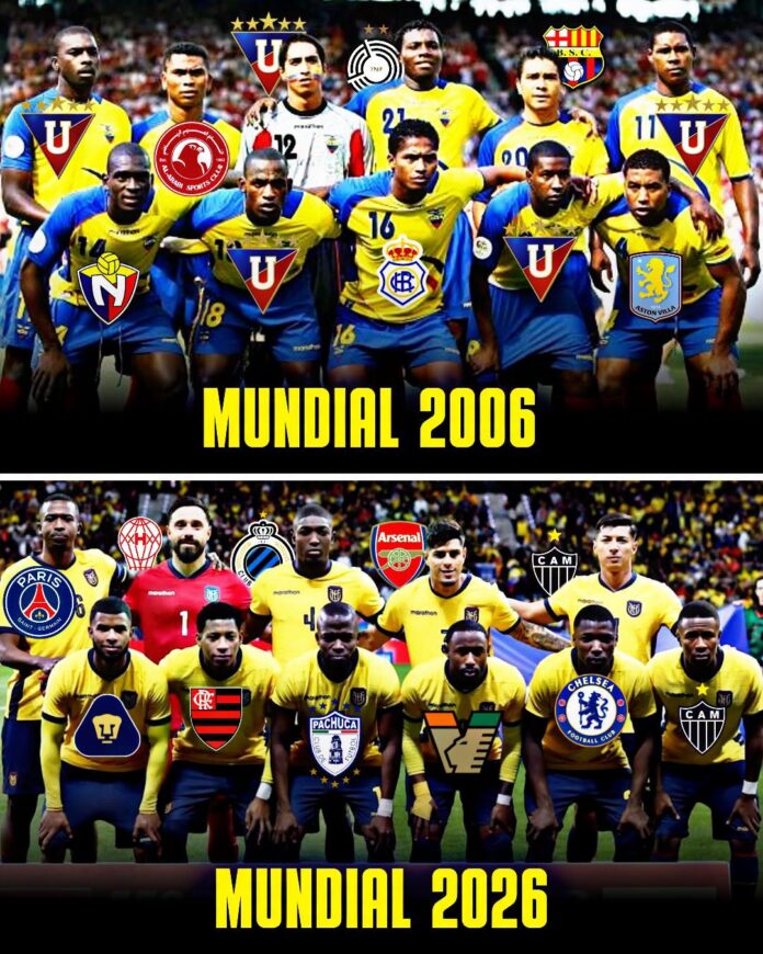 Dos décadas separan estas selecciones. Más allá de los resultados, la evolución del fútbol ecuatoriano refleja una transformación que también habla del país. Imagen compartida por Sergio Morocho en la página de Facebook de la Federación Ecuatoriana de Fútbol.