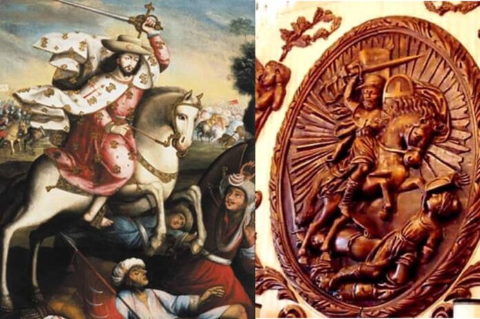 Representaciones de Santiago Apóstol Matamoros, patrono histórico de la ciudad de Santiago de Guayaquil. A la izquierda, pintura colonial; a la derecha, el medallón de madera conservado en el despacho del alcalde de Guayaquil. Composición e investigación histórica: Fernando Mancero.
