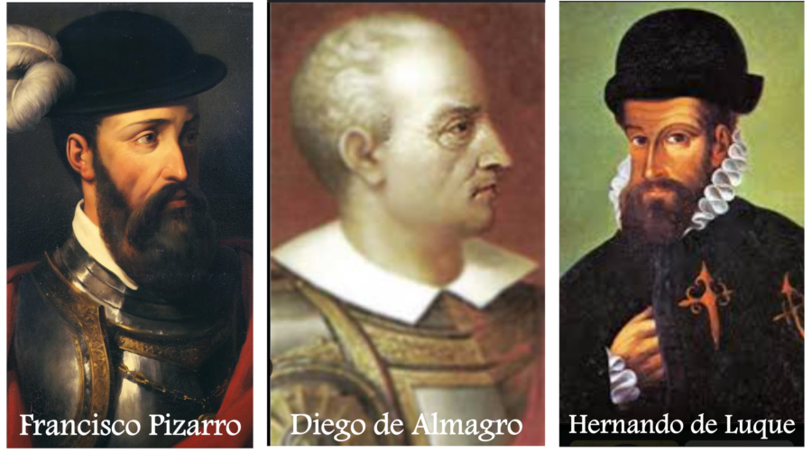 Francisco Pizarro, Diego de Almagro y Hernando de Luque conformaron la sociedad que impulsó la conquista del Perú, proceso del que surgieron las expediciones que dieron origen a la fundación de Santiago de Guayaquil. Composición facilitada por el historiador Fernando Mancero.