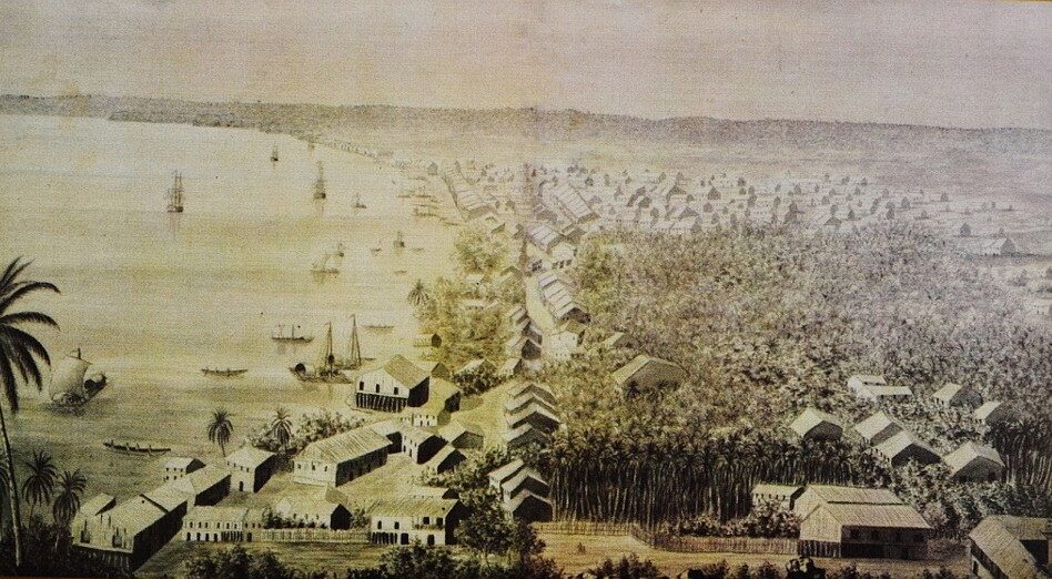 Vista histórica de Guayaquil, en la que se aprecia la ciudad asentada a orillas del río Guayas, con su arquitectura tradicional y la intensa actividad portuaria que caracterizó su desarrollo. Imagen facilitada por el historiador Fernando Mancero.