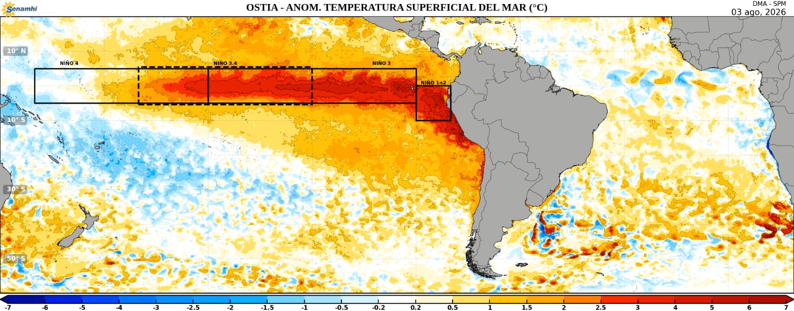 Mapa de anomalías de la temperatura superficial del mar (3 de agosto de 2026). Los tonos rojos muestran un calentamiento persistente en el Pacífico ecuatorial, especialmente en las regiones Niño 3, Niño 3.4 y Niño 1+2, frente a las costas de Ecuador y Perú. Estos indicadores son monitoreados permanentemente por los organismos científicos para evaluar la evolución del fenómeno de El Niño. (Fuente: SENAMHI. Imagen facilitada por Patricio Tamariz).