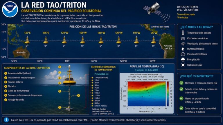 La red internacional de boyas TAO/TRITON, operada por la NOAA y sus socios científicos, mide en tiempo real la temperatura del océano desde la superficie hasta cientos de metros de profundidad, además de corrientes marinas, vientos y otras variables que permiten anticipar la evolución de El Niño con mucha mayor precisión que hace cuatro décadas. Infografía de la red TAO/TRITON. Imagen proporcionada por Patricio Tamariz.
