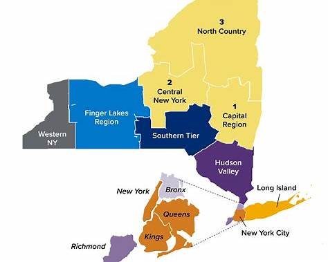 El Estado de Nueva York se extiende mucho más allá de su ciudad más conocida. Sus distintas regiones permiten dimensionar la diversidad territorial del estado y ubicar a New York City dentro de una estructura geográfica, económica y administrativa mucho más amplia. Fuente: Gobierno del Estado de Nueva York.