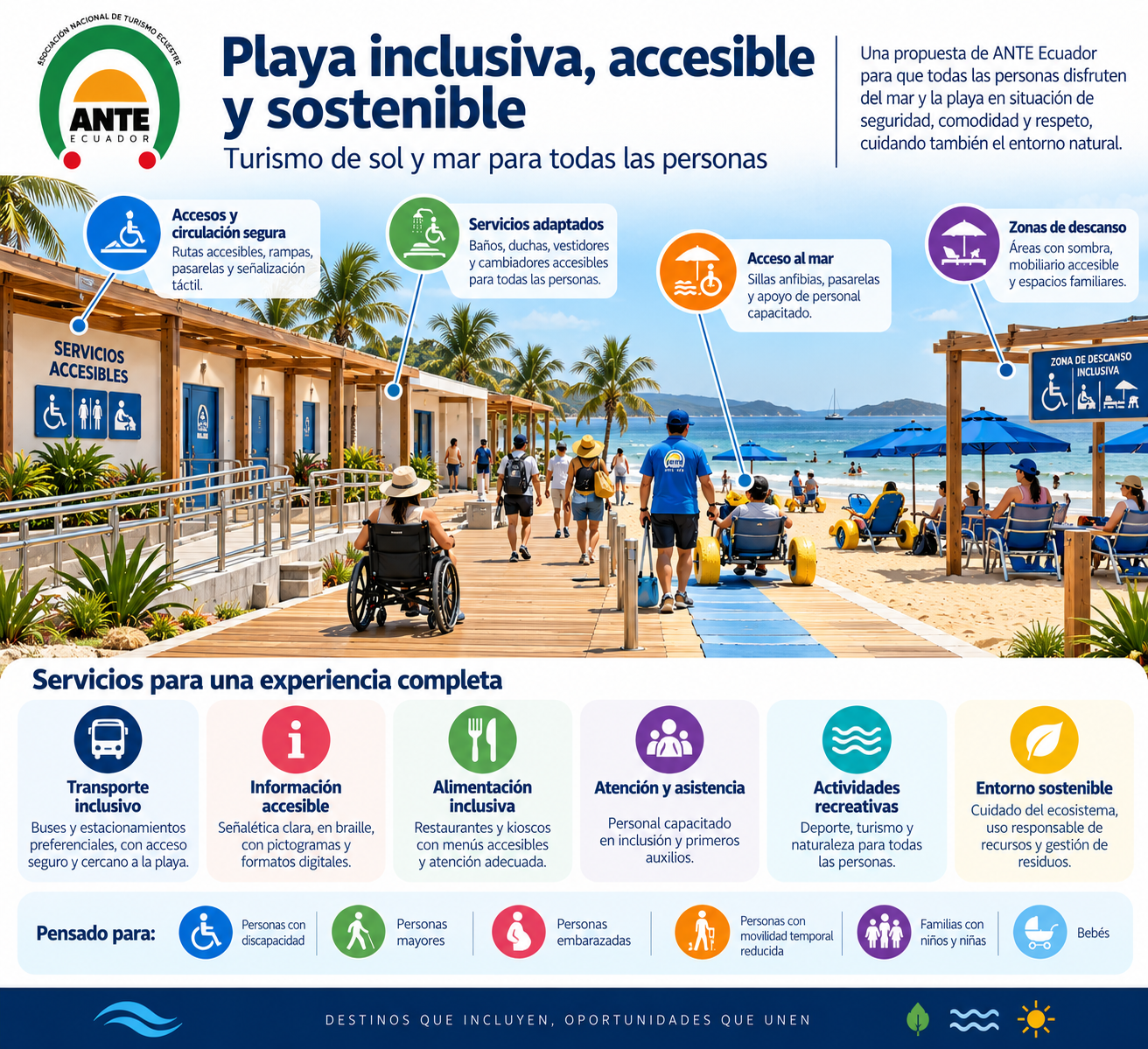 Infografía | Propuesta de ANTE Ecuador para una playa inclusiva en General Villamil Playas, una iniciativa pendiente de concretarse que busca garantizar el disfrute del mar para todos.