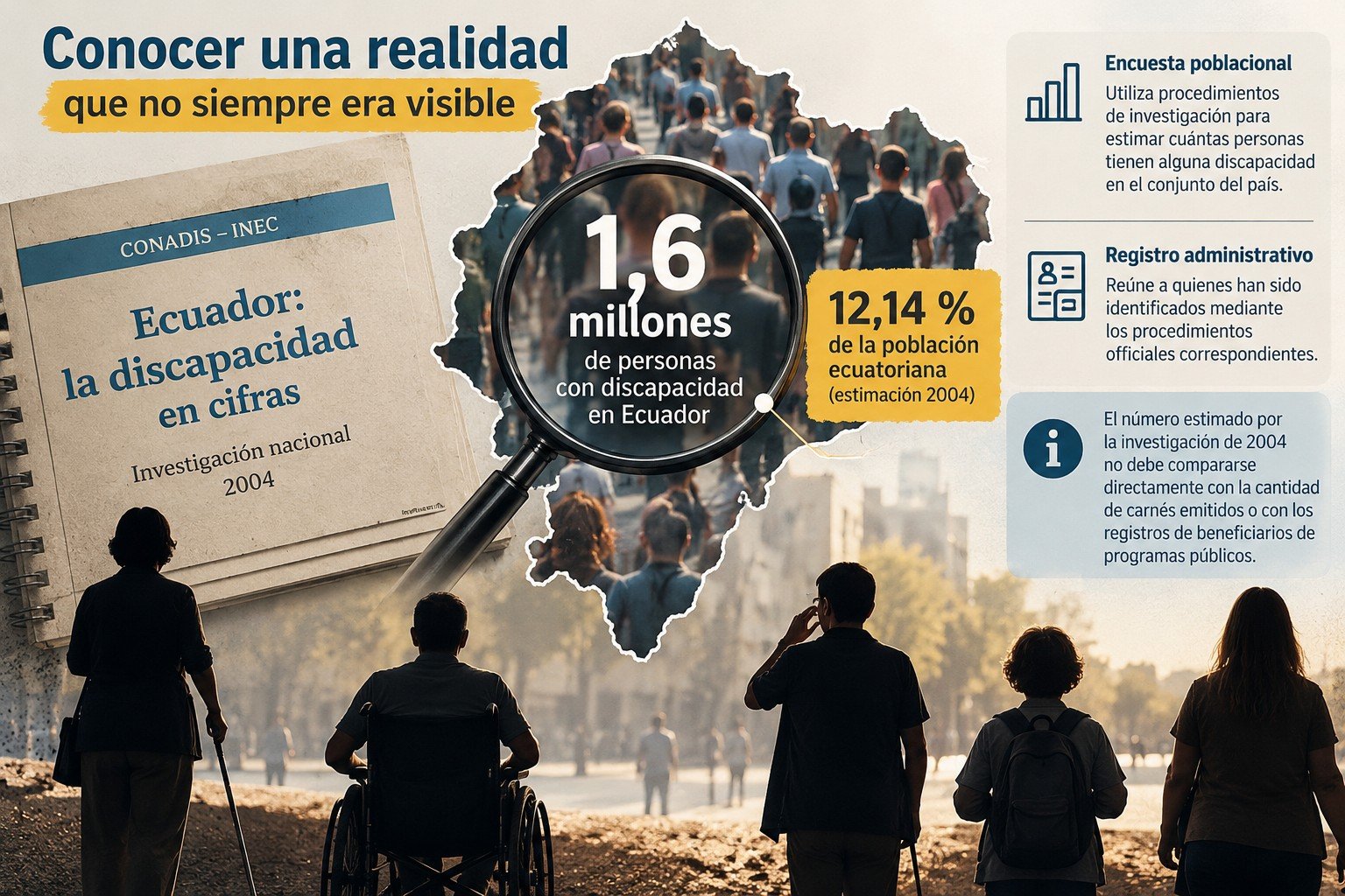 La investigación nacional de 2004 estimó que 1,6 millones de ecuatorianos, el 12,14 % de la población, tenían alguna discapacidad, evidenciando la necesidad de fortalecer las políticas públicas.**Fuente:** CONADIS–INEC. **Gráfica:** Elaboración digital de El Costanero. Aclara el alcance de la investigaciónHaz más contundente la conclusión