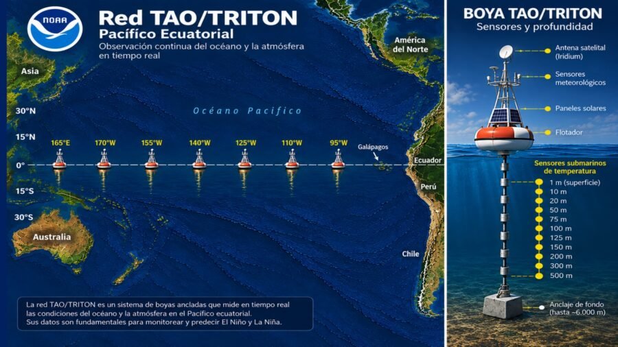 Ilustración explicativa de la red TAO/TRITON y sus sensores para observar el océano y la atmósfera. Estas mediciones ayudan al seguimiento de El Niño y La Niña. Fuente: presentación de Patricio Tamariz, Grupo Clima y ENSO, página 5.