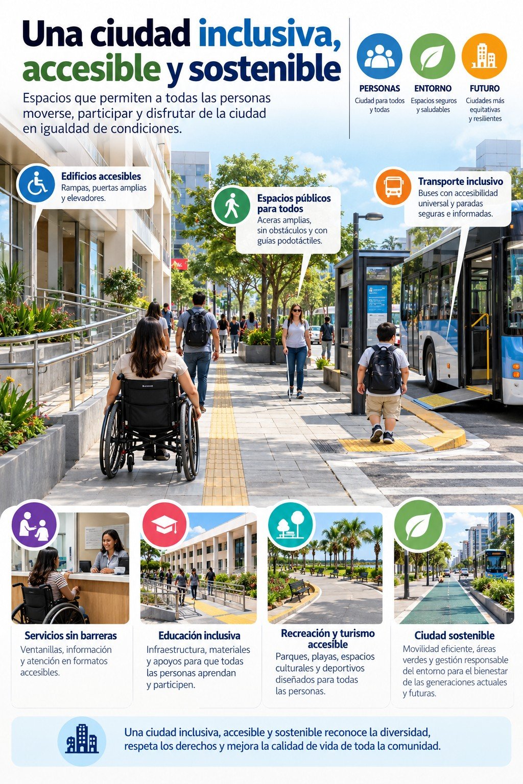 redacta un pie de fotoInfografía | Una ciudad inclusiva, accesible y sostenible se construye con espacios públicos sin barreras, transporte adecuado, servicios accesibles y oportunidades para todos. Un modelo de desarrollo que reconoce la diversidad, respeta los derechos y mejora la calidad de vida de toda la comunidad.